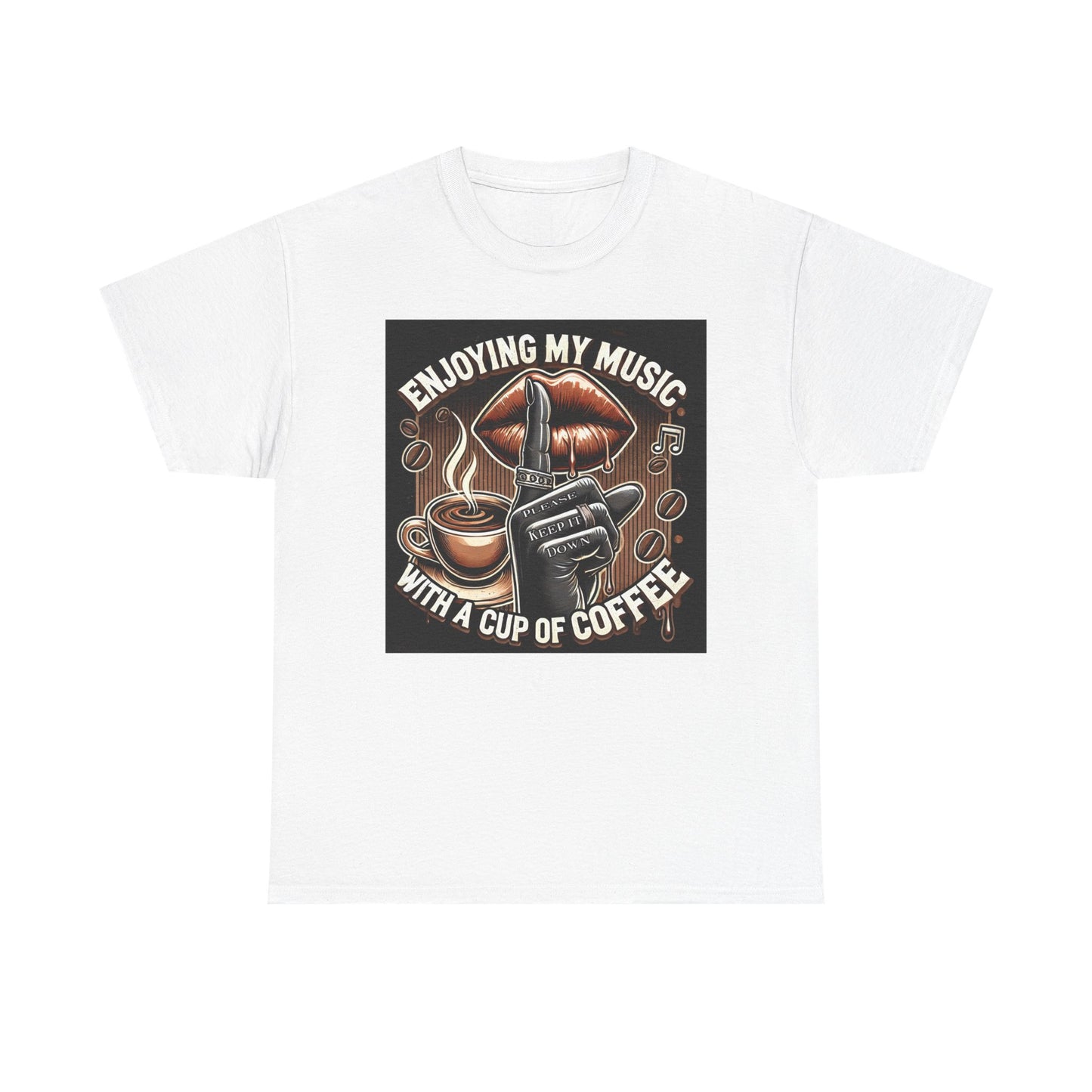 Enjoying My Music Unisex Heavy Cotton Tee - Perfect Gift for Music Lovers & Coffee Enthusiasts